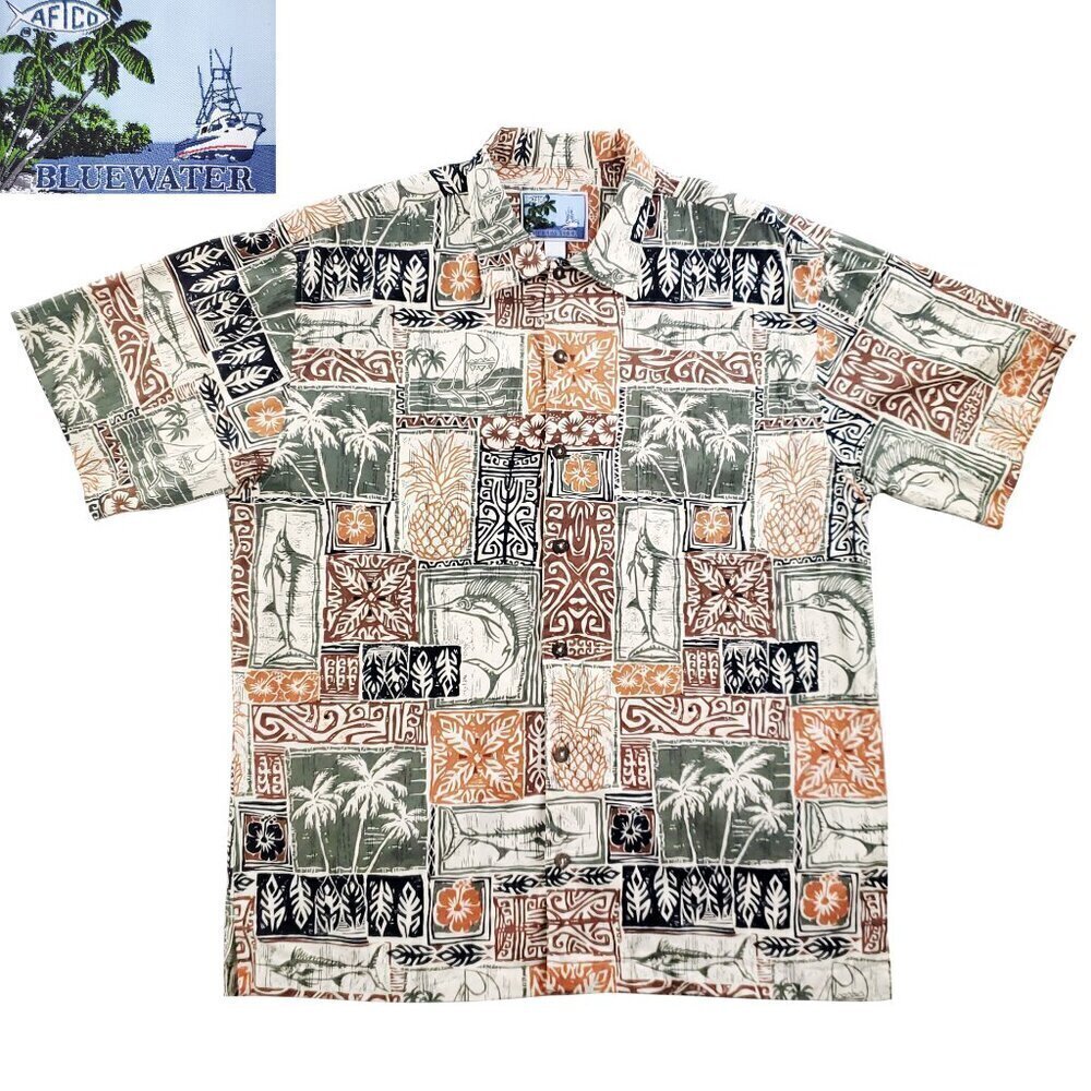 AFTCO Bluewater Hawaiian Shirt Polynesian Fishing Palm Trees Made USA Men Large